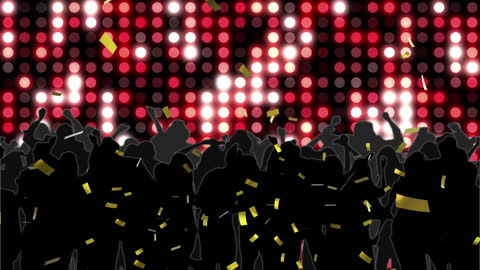 Silhouetted Crowd Celebrating with Light Display and Confetti