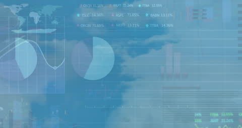 Digital Data Overlay on Cloudy Sky with Business Graphs