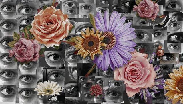 Colorful Floral Cluster Overlapping Grayscale Eye Mosaic Collage with Layered Roses