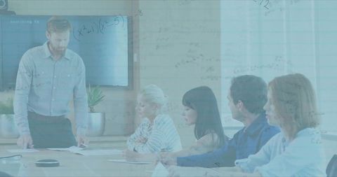 Presenter distributing documents in meeting room blueprint effect