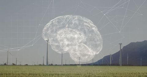 Digital brain networks over wind farm with turbines in rural landscape