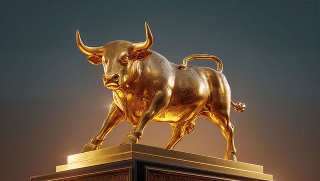 Gleaming golden bull sculpture charging on engraved pedestal with warm rim lighting