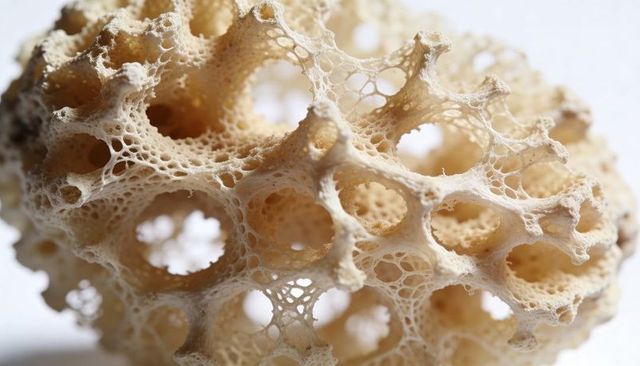 Revealing beige coral skeleton showing porous lattice, rounded cavities and filament texture