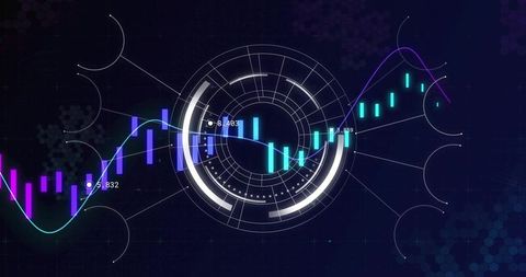 Futuristic neon financial dashboard displaying circular HUD and candlestick analytics