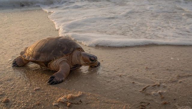 Sea turtle resting on wet sand near gentle surf at sunrise, coastal wildlife close-up