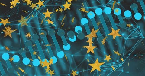 Golden Stars Over Digital DNA Helix Network with Neon Cyan Mesh and Futuristic Tech Glow