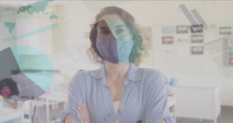 Confident Female Teacher with Mask in Front of Classroom Data