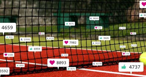 Tennis Court with Social Media Interaction Icons Floating