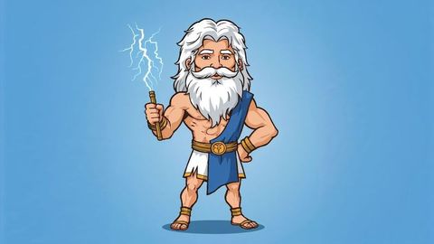 Ancient deity zeus holding lightning bolt on blue gradient background