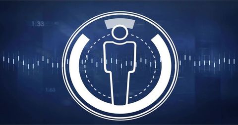 Human target hud icon with circular rings and audio waveform on blue tech ui dashboard