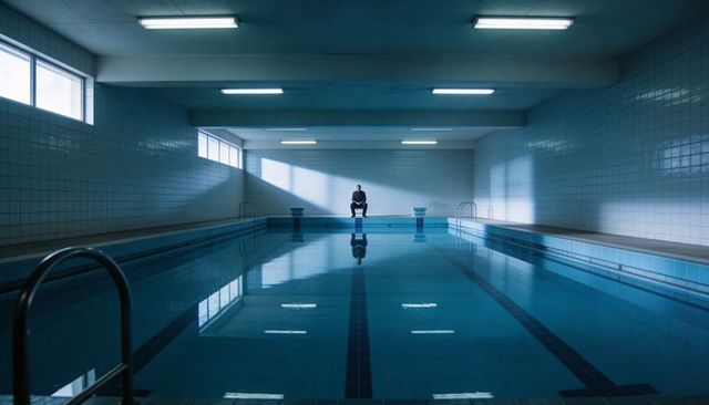 Solitary man sitting at far end of indoor swimming pool with moody blue light and symmetry