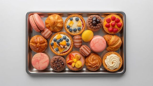 Assorted pastries on steel tray flatlay: colorful fruit tarts, macarons, croissants