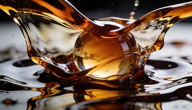 Macro amber droplet creating crown splash and reflective orb with glass-like refraction