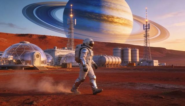 Astronaut Exploring Red Planet Colony with Dome Habitats and Ringed Planet Horizon