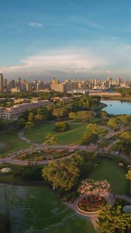 Vertical drone descending over golden-hour urban park with pink blossom and lakefront skyline