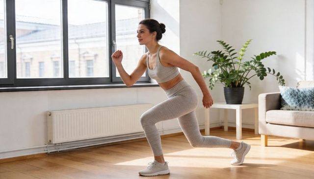 Performing stationary lunges at home by fit woman in gray activewear in sunlit living room