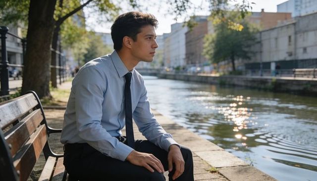 Contemplative businessman sitting on bench beside city canal with sunlit water reflections