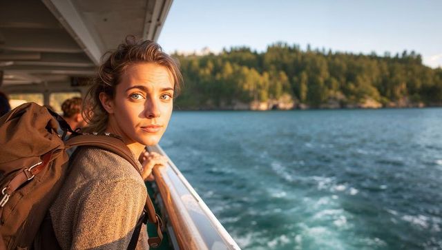 Sunlit traveler leaning on ferry railing gazing toward island coastline at golden hour