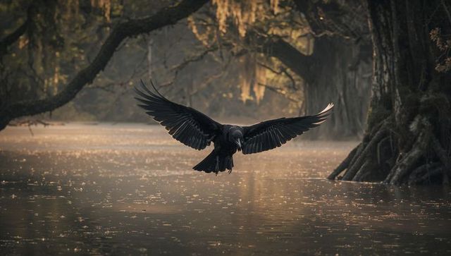 Black Bird Descending over Moody Swampland with Spanish Moss