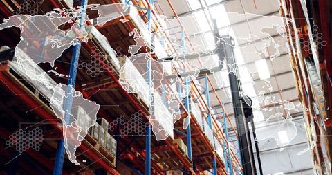 Global Supply Chain Concept with Warehouse and World Map Overlay