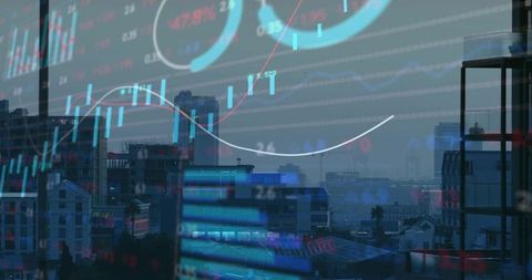 Displaying Market Charts Overlaying Urban Skyline Through Office Glass with Candlesticks
