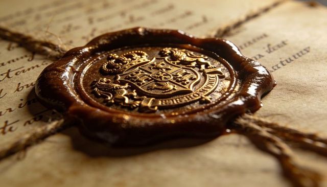 Antique Wax Seal Embossing Heraldic Crest on Parchment with Twine Detail