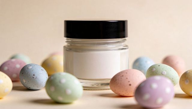 Glass cosmetic jar with blank label surrounded by pastel speckled eggs for product mockup