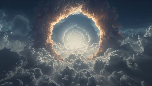 Forming concentric cloud vortex leading toward radiant center, rim-lit ethereal skyscape