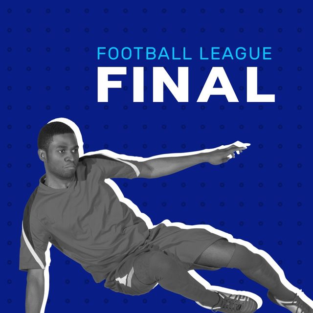 Football league final text and african american football player playing over blue background. digital composite, sport, copy space, athleticism, football, competition.