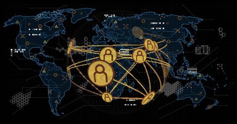 Global network connecting users with golden tokens and analytics dashboard overlay