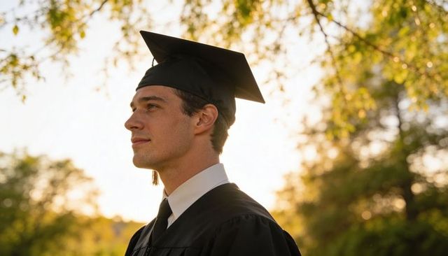Young graduate wearing mortarboard cap and gown gazing into sunlit park at golden hour