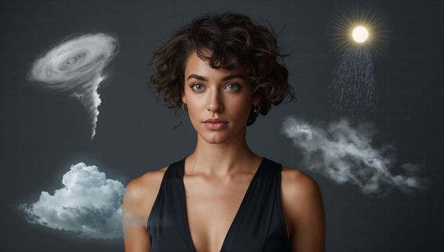 Curly-haired woman presenting weather concepts with tornado, cloud, sun, rain and fog