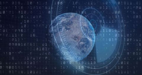 Global Digital Earth Rotating in Binary Network with Futuristic HUD Rings and Data Streams