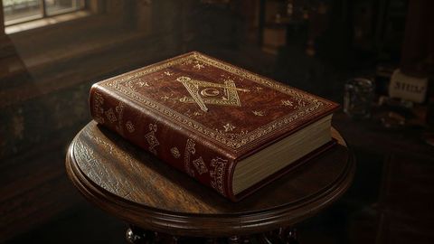 Masonic antique leather-bound book on wooden table in classic study