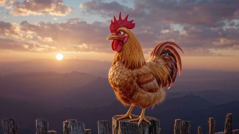 Majestic Rooster Perching on Fence at Dawn Over Serene Countryside