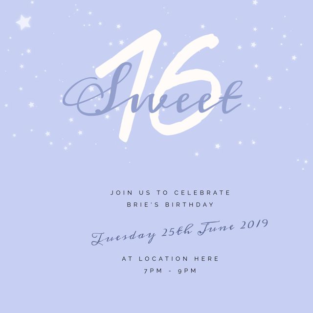 This template features a gentle pastel purple background with a large 'Sweet 16' text prominently displayed, surrounded by stars. Ideal for creating invitations for a 16th birthday celebration, it offers an elegant and youthful design. Perfect for event planners, parents organizing their child’s party, or teenagers seeking bespoke event announcements. Editable fields allow customization of the birthday person's name, date, time, and location, providing flexibility for various celebratory occasions.