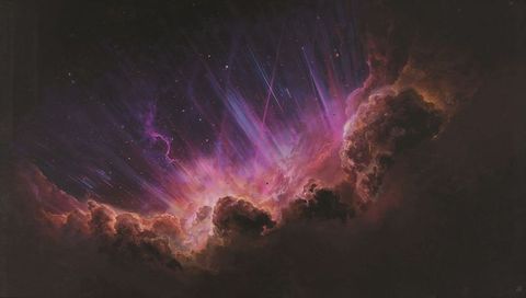 Radiating Magenta Nebula Core Emitting Vertical Light Rays Through Dark Cosmic Clouds