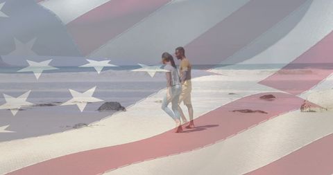 Young couple holding hands, a large American flag overlay symbolizing unity and freedom. Could be used for patriotic promotions, travel advertising, or celebrating American holidays.