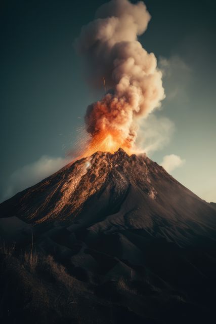 Powerful depiction of volcanic eruption with ash and lava spewing out. Perfect for materials discussing natural disasters, geological activities, and environmental studies. Suitable for educational content on natural phenomena or landscapes.
