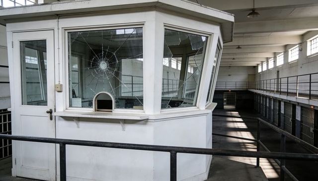 Derelict prison guard booth with shattered glass and empty cellblock catwalks