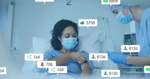 Nurse Administering Vaccine in Hospital Room with Social Media Interaction