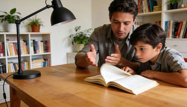 Father tutoring son at home studying together under lamp focusing on reading comprehension