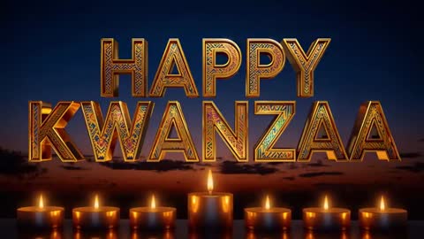 Happy Kwanzaa glowing patterned letters and flickering seven candles at dusk