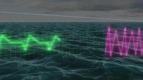 Futuristic Data Visualization Over Ocean Waves