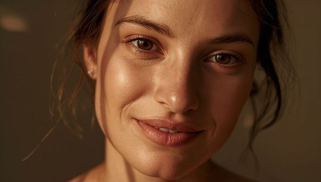Golden-hour closeup portrait showing woman making eye contact, bare shoulders, warm glow