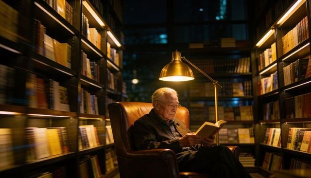 Senior man reading in leather armchair under brass lamp in cozy urban library night