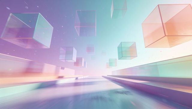 Translucent pastel cubes floating above futuristic pathway with converging rails and light