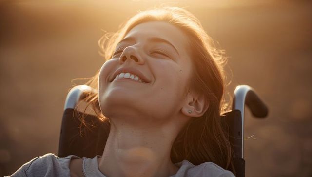 Sunlit smiling woman reclining in wheelchair at sunset conveying independence and joy