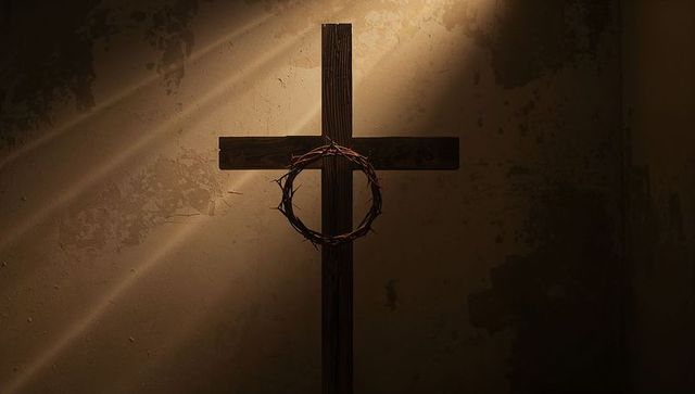 Rustic wooden cross with crown of thorns in soft light