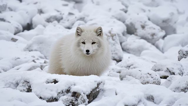 Arctic fox standing on snow-covered rocky tundra facing forward with thick white winter coat